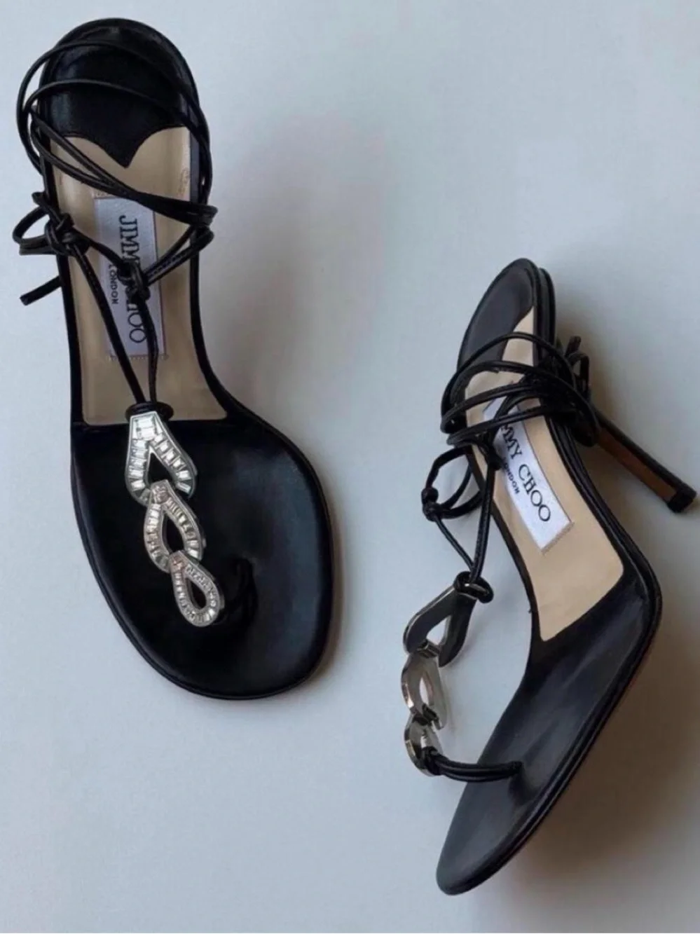 Jimmy Choo Black Leather Crystal-Link Strappy Heels